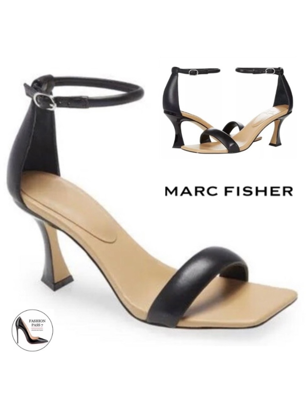 MARC FISHER Derine Black Leather Square Toe Ankle Strap High Heel Sandals 9.5